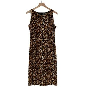 Norma Kamali Shift Midi Dress Womens XL Brown Black Leopard Print Sleeveless